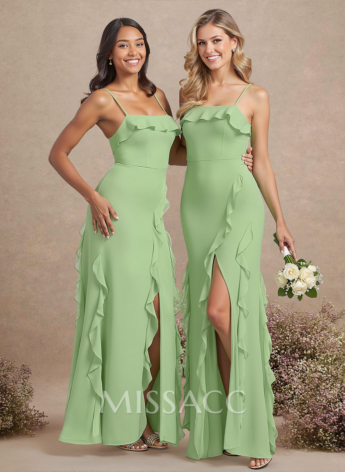 Unique Ruffle Square Neckline Floor-Length Chiffon Bridesmaid Dresses With High Split