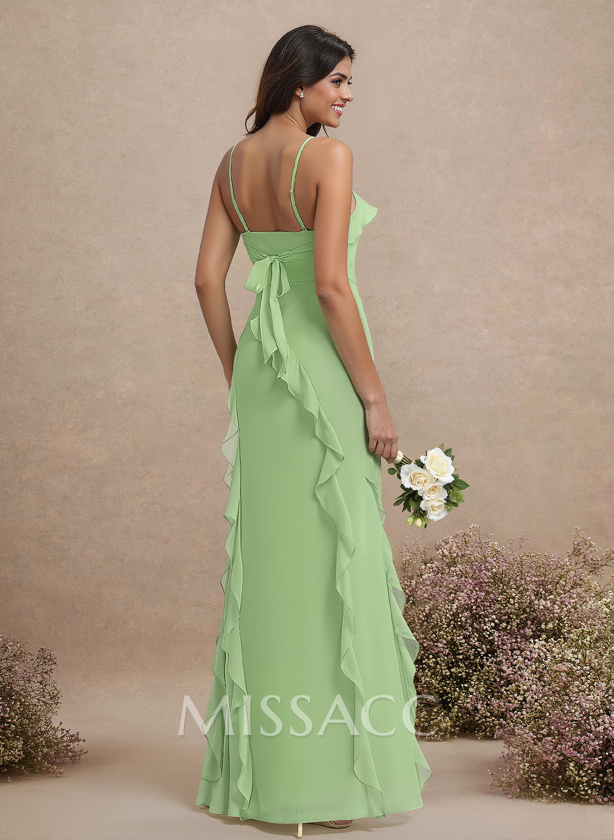 Unique Ruffle Square Neckline Floor-Length Chiffon Bridesmaid Dresses With High Split