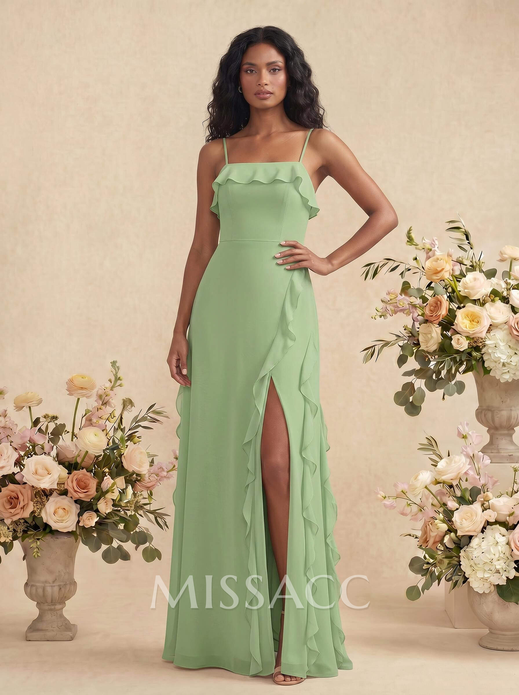 Unique Ruffle Square Neckline Floor-Length Chiffon Bridesmaid Dresses With High Split