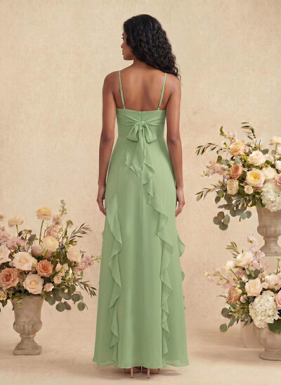 Unique Ruffle Square Neckline Floor-Length Chiffon Bridesmaid Dresses With High Split
