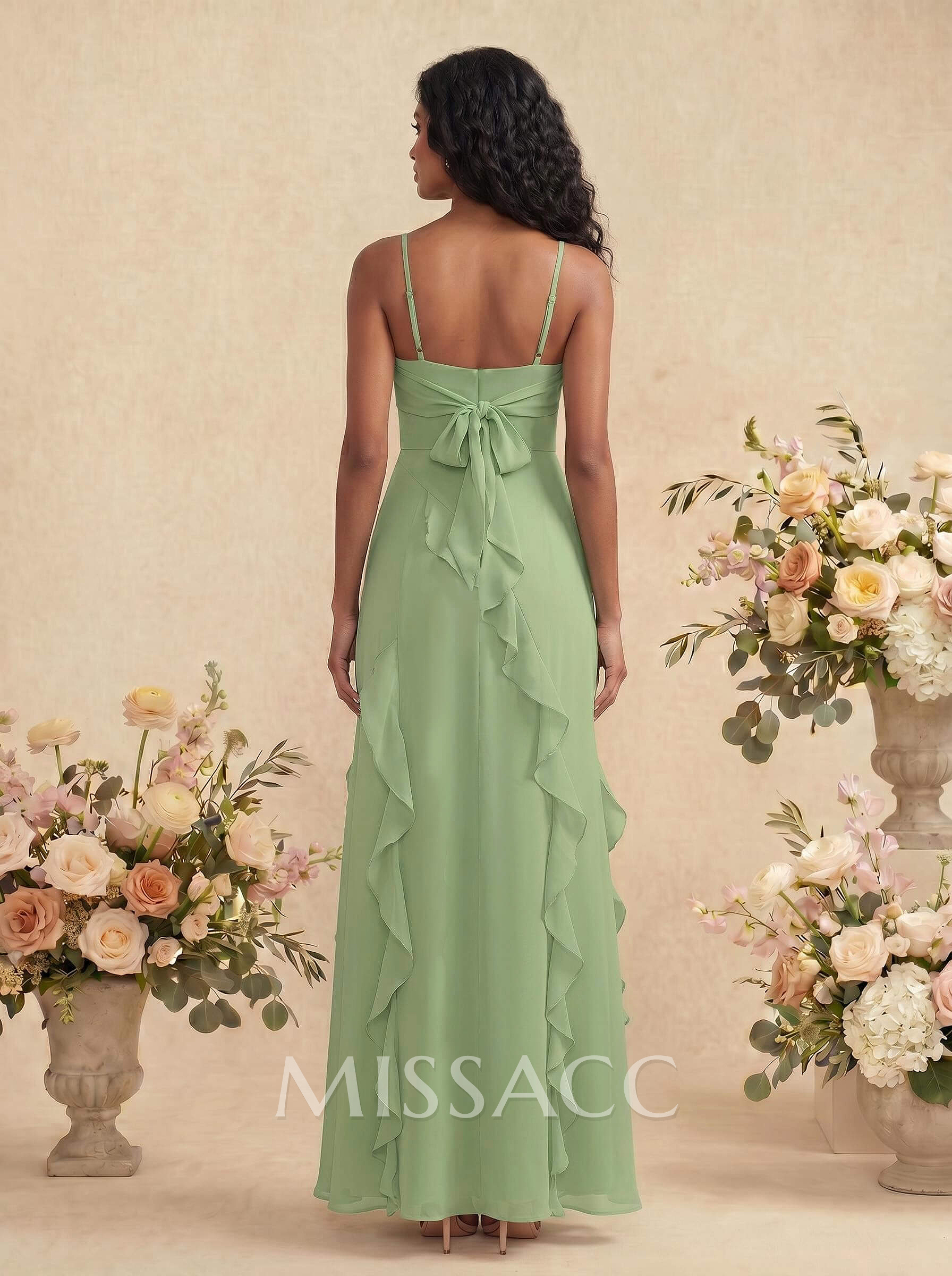 Unique Ruffle Square Neckline Floor-Length Chiffon Bridesmaid Dresses With High Split