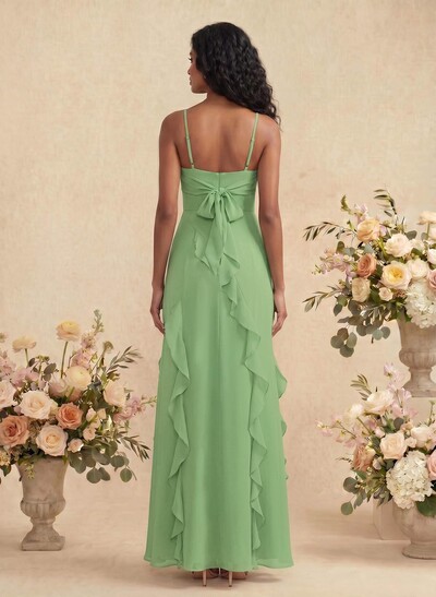 Unique Ruffle Square Neckline Floor-Length Chiffon Bridesmaid Dresses With High Split