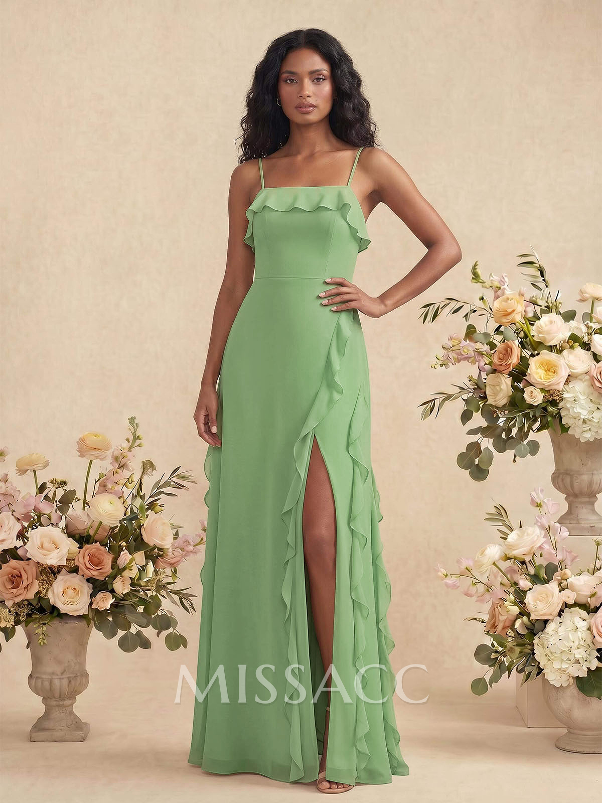 Unique Ruffle Square Neckline Floor-Length Chiffon Bridesmaid Dresses With High Split