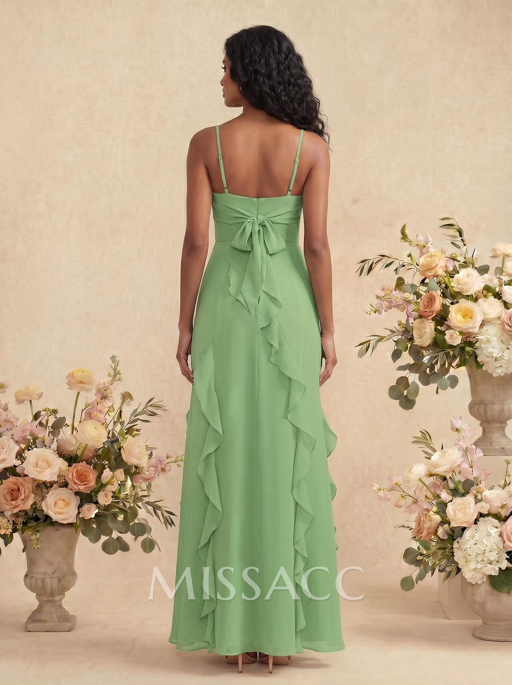 Unique Ruffle Square Neckline Floor-Length Chiffon Bridesmaid Dresses With High Split