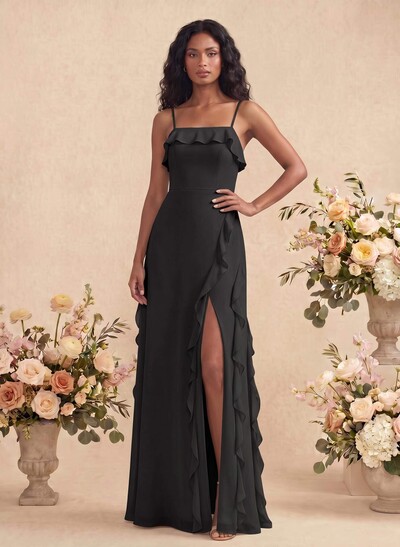 Unique Ruffle Square Neckline Floor-Length Chiffon Bridesmaid Dresses With High Split