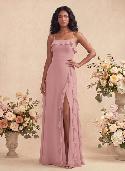 Unique Ruffle Square Neckline Floor-Length Chiffon Bridesmaid Dresses With High Split