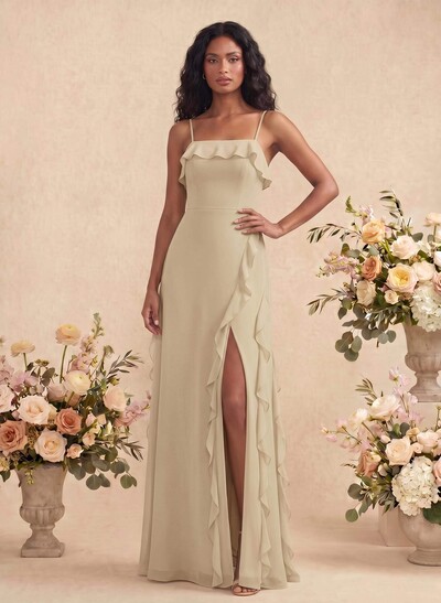 Unique Ruffle Square Neckline Floor-Length Chiffon Bridesmaid Dresses With High Split