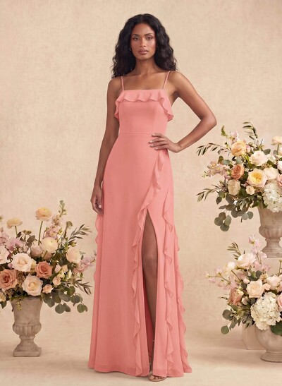 Unique Ruffle Square Neckline Floor-Length Chiffon Bridesmaid Dresses With High Split