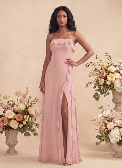 Unique Ruffle Square Neckline Floor-Length Chiffon Bridesmaid Dresses With High Split