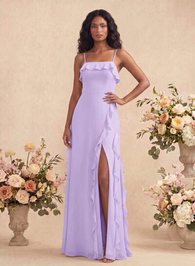 Unique Frill Square Neck Maxi Chiffon Bridesmaid Dresses with High Slit