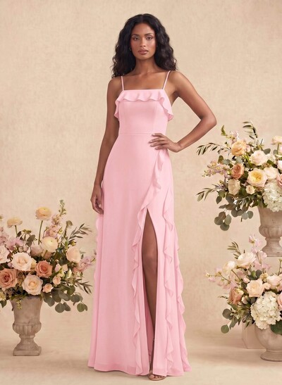 Unique Ruffle Square Neckline Floor-Length Chiffon Bridesmaid Dresses With High Split