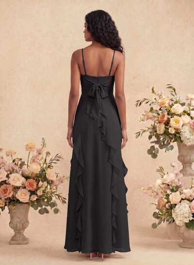Unique Ruffle Square Neckline Floor-Length Chiffon Bridesmaid Dresses With High Split