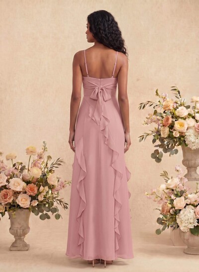 Unique Ruffle Square Neckline Floor-Length Chiffon Bridesmaid Dresses With High Split
