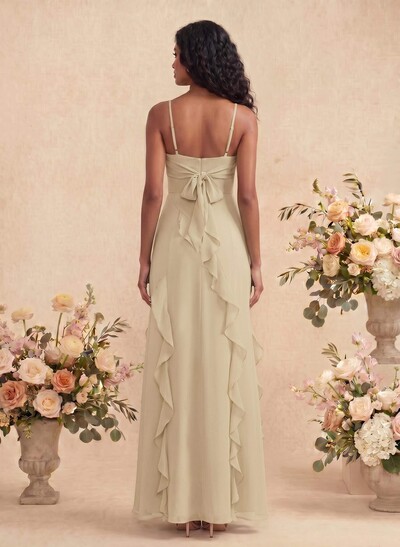 Unique Ruffle Square Neckline Floor-Length Chiffon Bridesmaid Dresses With High Split