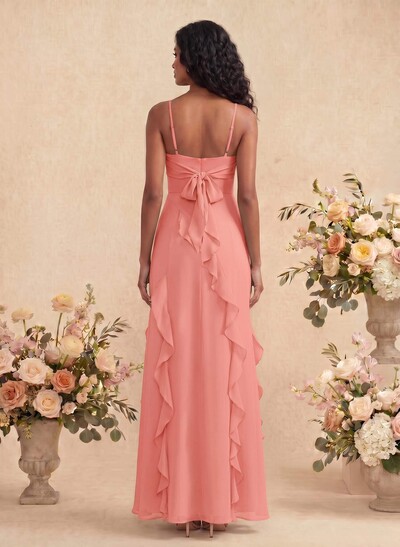 Unique Ruffle Square Neckline Floor-Length Chiffon Bridesmaid Dresses With High Split