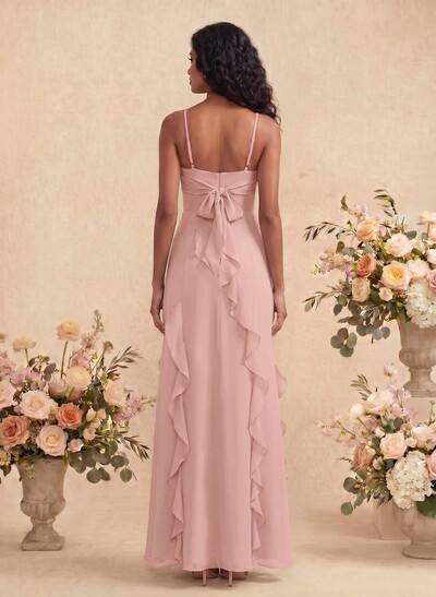 Unique Ruffle Square Neckline Floor-Length Chiffon Bridesmaid Dresses With High Split