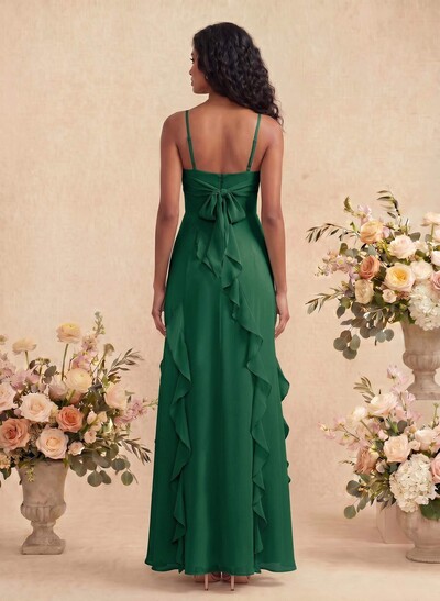 Unique Ruffle Square Neckline Floor-Length Chiffon Bridesmaid Dresses With High Split