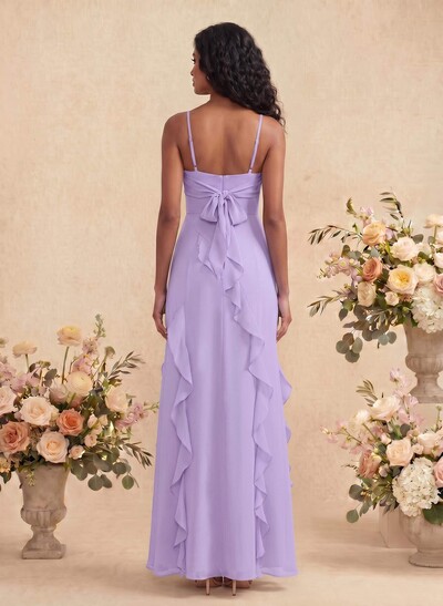 Unique Frill Square Neck Maxi Chiffon Bridesmaid Dresses with High Slit