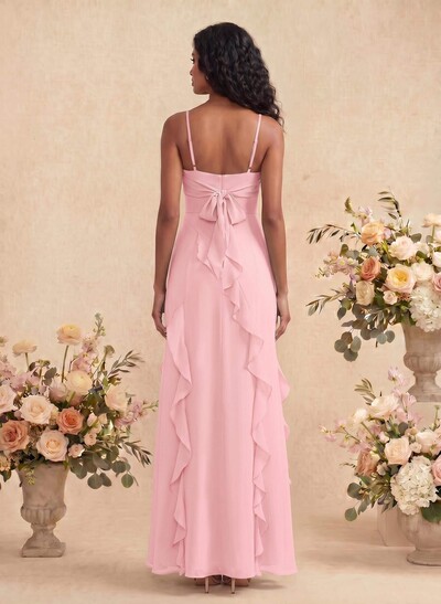 Unique Ruffle Square Neckline Floor-Length Chiffon Bridesmaid Dresses With High Split