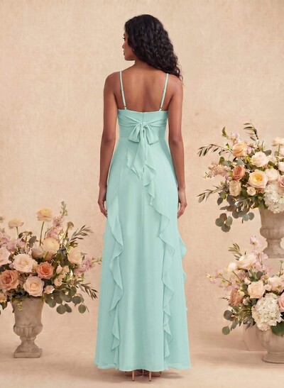 Unique Ruffle Square Neckline Floor-Length Chiffon Bridesmaid Dresses With High Split