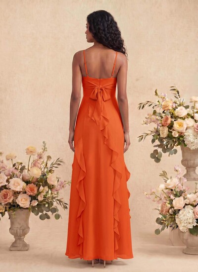 Unique Ruffle Square Neckline Floor-Length Chiffon Bridesmaid Dresses With High Split