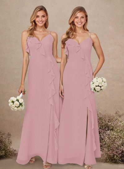 Elegant Ruffle Sweetheart Split Front Floor-Length Chiffon Bridesmaid Dresses