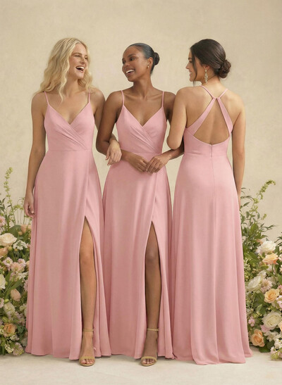 Classic V-Neck Back Hole A-Line Floor-Length Chiffon Bridesmaid Dresses