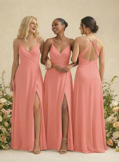 Classic V-Neck Back Hole A-Line Floor-Length Chiffon Bridesmaid Dresses