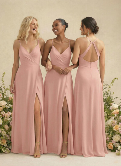 Classic V-Neck Back Hole A-Line Floor-Length Chiffon Bridesmaid Dresses