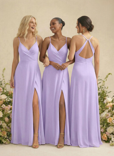 Classic V-Neck Back Hole A-Line Floor-Length Chiffon Bridesmaid Dresses