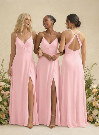 Classic V-Neck Back Hole A-Line Floor-Length Chiffon Bridesmaid Dresses