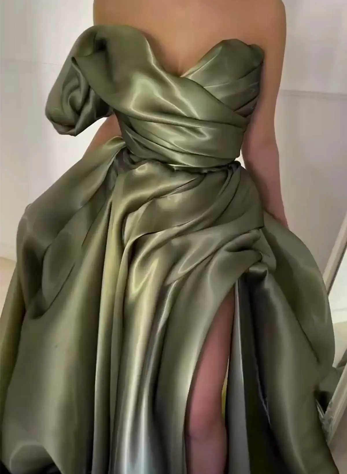 Elegant Cowl Neck Pleated High Split A-Line Sweep Train Satin Evening Dresse