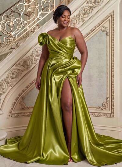 Elegant Cowl Neck Pleated High Split A-Line Sweep Train Satin Evening Dresses