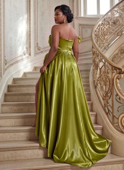 Elegant Cowl Neck Pleated High Split A-Line Sweep Train Satin Evening Dresses