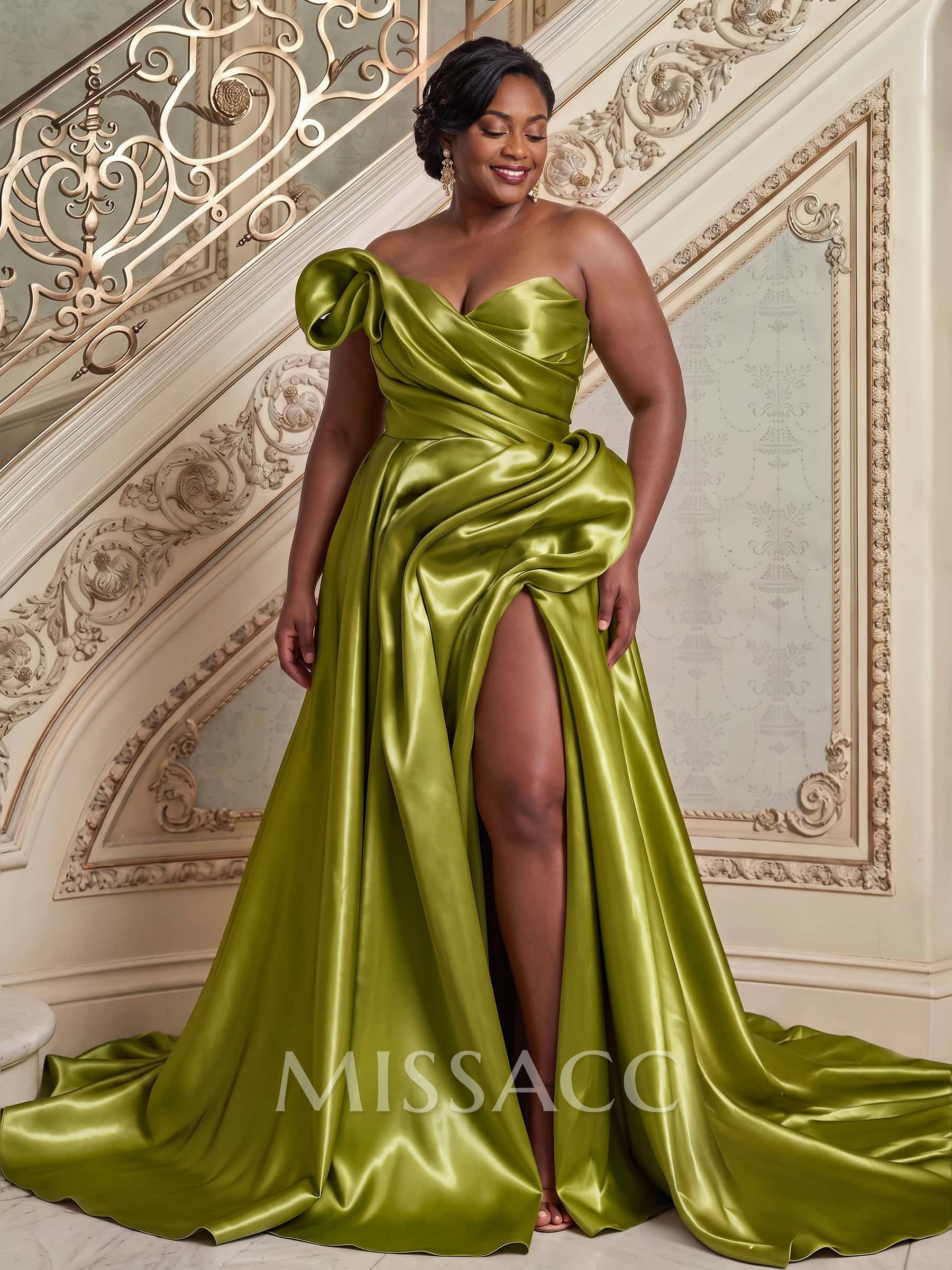 Elegant Cowl Neck Pleated High Split A-Line Sweep Train Satin Evening Dresses