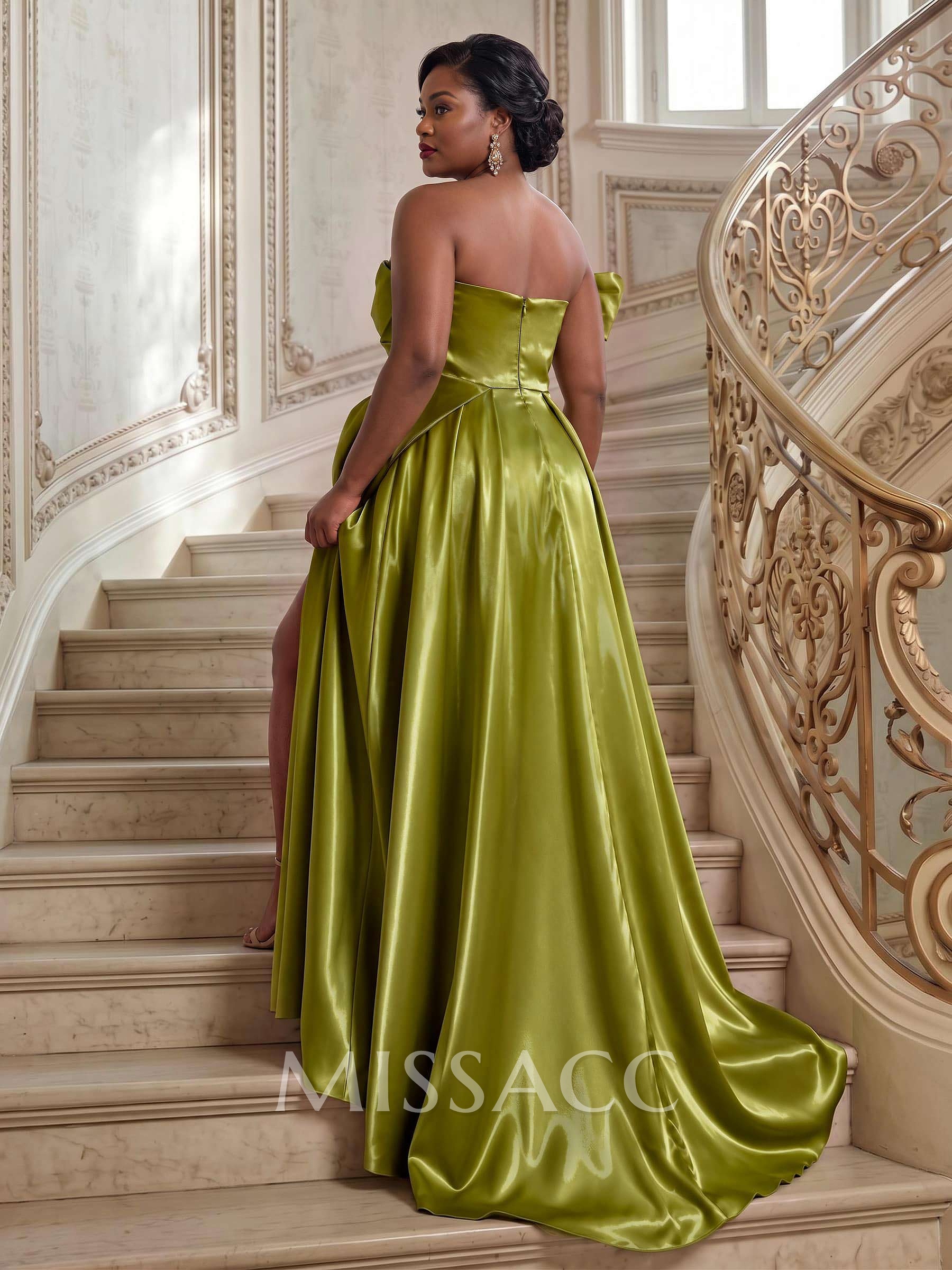 Elegant Cowl Neck Pleated High Split A-Line Sweep Train Satin Evening Dresses