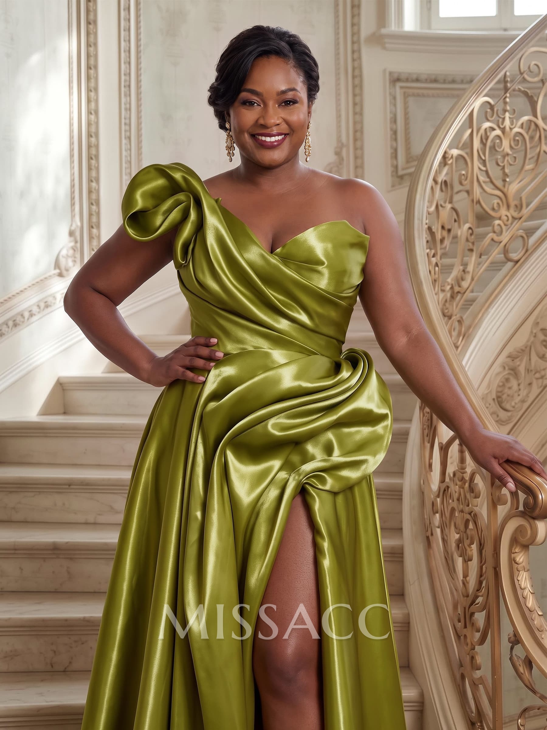 Elegant Cowl Neck Pleated High Split A-Line Sweep Train Satin Evening Dresses