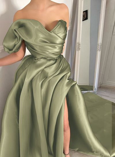 Elegant Cowl Neck Pleated High Split A-Line Sweep Train Satin Evening Dresse