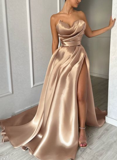 Elegant Cowl Neck Pleated High Split A-Line Sweep Train Satin Evening Dresse