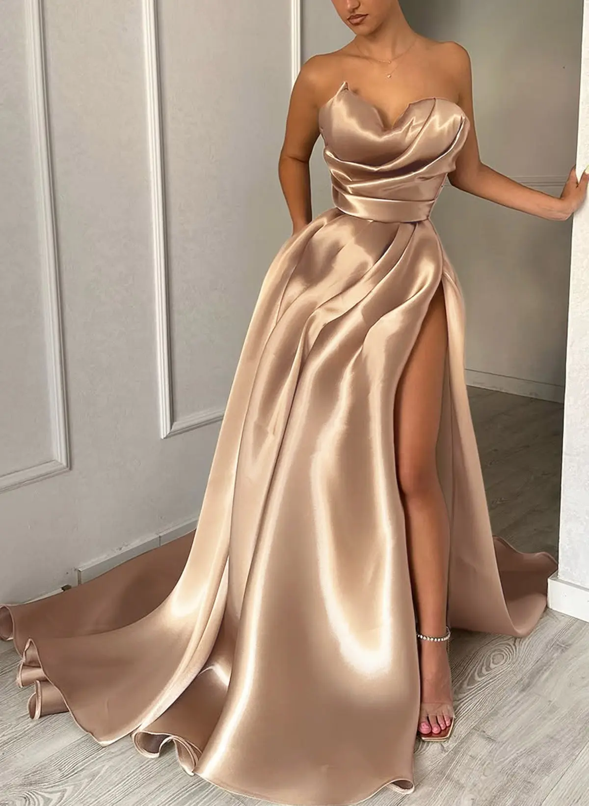 Missacc Evening Dresses Elegant Cowl Neck Pleated High Split A-Line Sweep Train Satin Evening Dresse