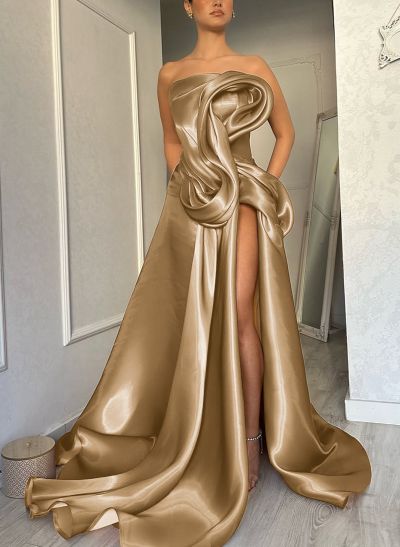 Elegant Cowl Neck Pleated High Split A-Line Sweep Train Satin Evening Dresse
