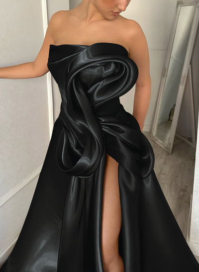 Elegant Cowl Neck Pleated High Split A-Line Sweep Train Satin Evening Dresse
