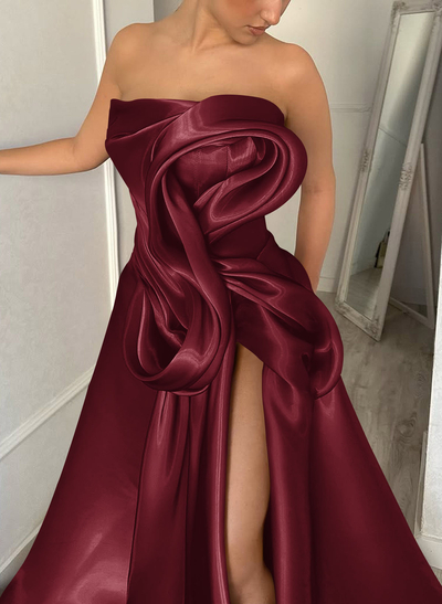 Elegant Cowl Neck Pleated High Split A-Line Sweep Train Satin Evening Dresse