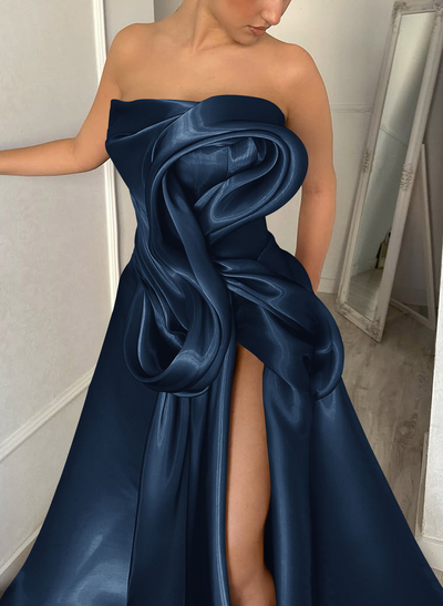 Elegant Cowl Neck Pleated High Split A-Line Sweep Train Satin Evening Dresse