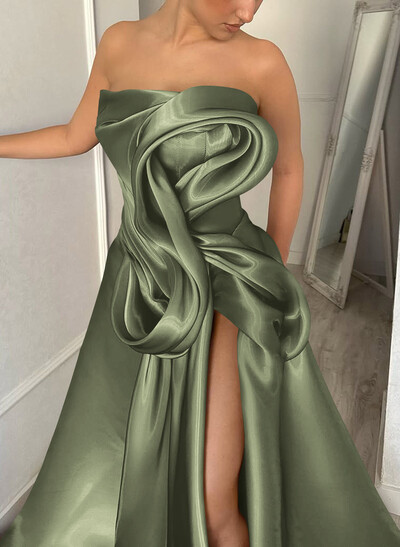 Elegant Cowl Neck Pleated High Split A-Line Sweep Train Satin Evening Dresse