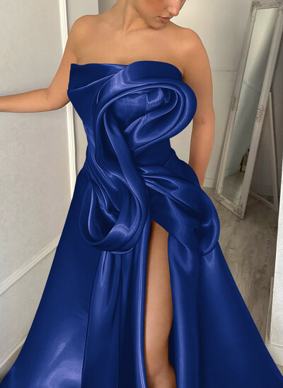 Elegant Cowl Neck Pleated High Split A-Line Sweep Train Satin Evening Dresse