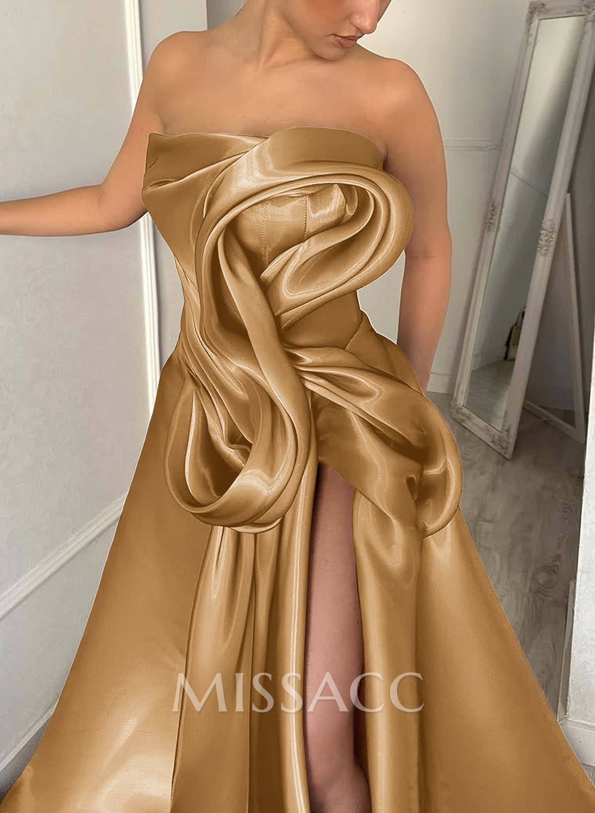 Elegant Cowl Neck Pleated High Split A-Line Sweep Train Satin Evening Dresse