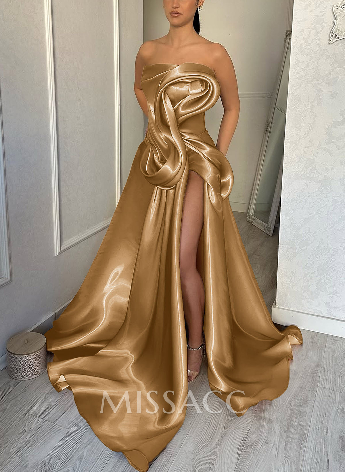 Elegant Cowl Neck Pleated High Split A-Line Sweep Train Satin Evening Dresse