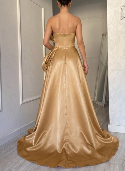 Elegant Cowl Neck Pleated High Split A-Line Sweep Train Satin Evening Dresse