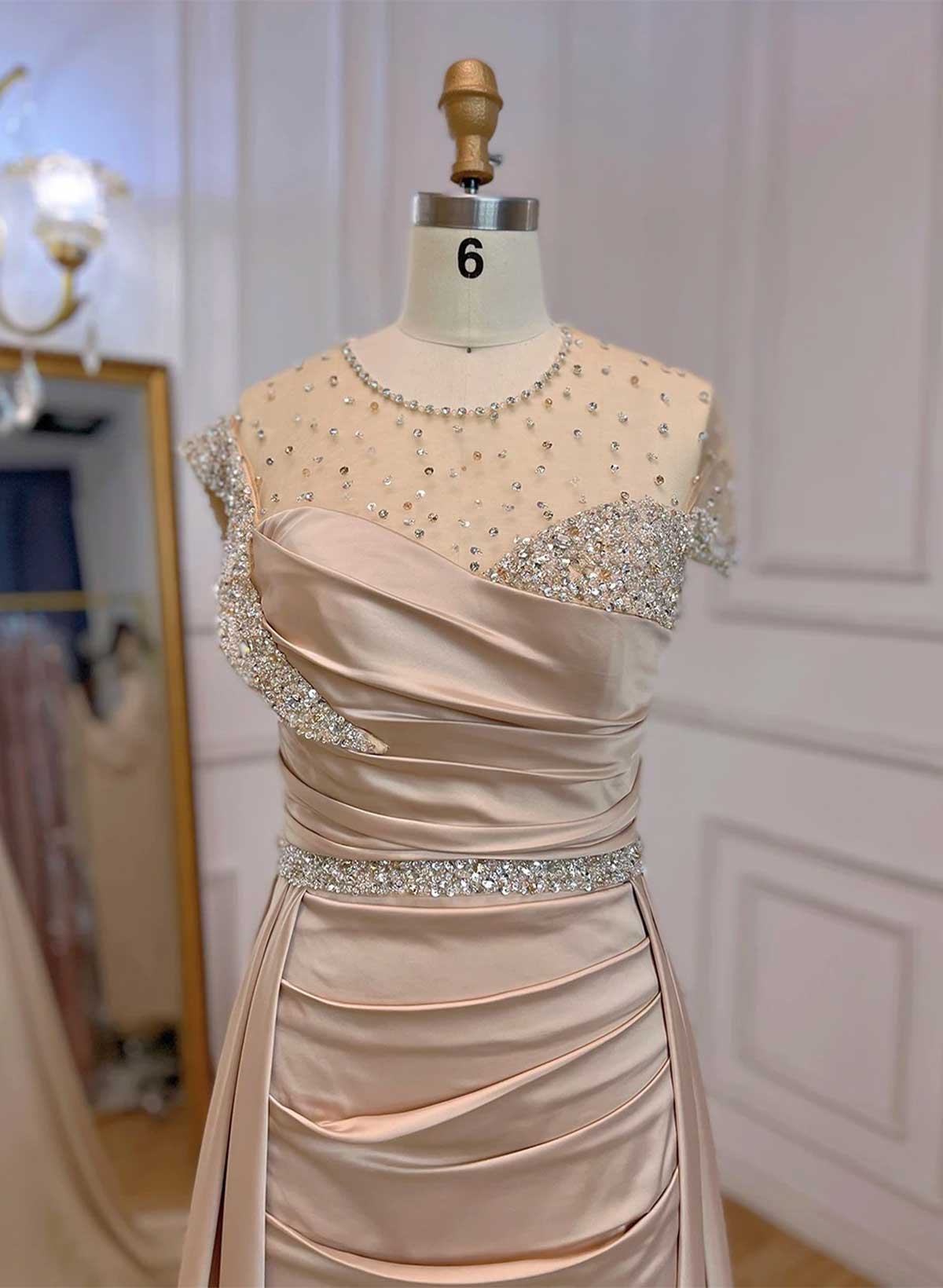 Luxury Scoop Neck Sleeveless Sweep Train Acetate Satin Evening Dresses With Rhinestone